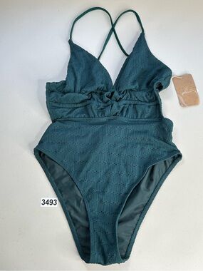Berlook One Piece Swimsuit Medium Dark Green Textured Plunge